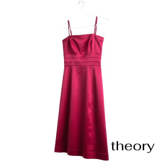 Theory Red Satin Cocktail Dress Spaghetti Strap Knee Length Dress Size 0 Elegant - Picture 1 of 13